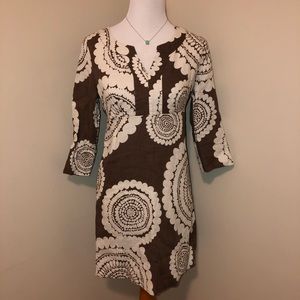 Boden 💯% Linen Brown/Cream 3/4 Sleeve Shift Dress,Size-4